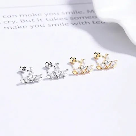 925 Sterling Silver Crown Threaded Stud Earrings With Zirconia Luxury Ear Bone Studs Minimalist Fashion Jewelry For Women