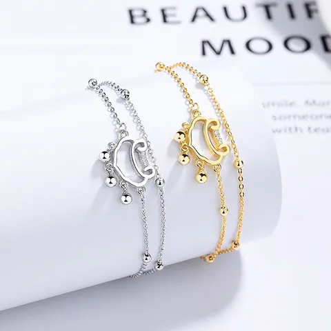 Bracciale a Doppio Strato con Perline in Argento Sterling 925 e Lucchetto Ruyi Pingan per Donna Gioielli Orientali Eleganti con Strass