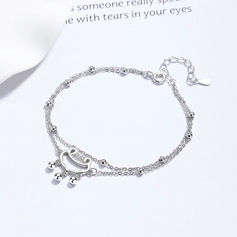 Bracciale a Doppio Strato con Perline in Argento Sterling 925 e Lucchetto Ruyi Pingan per Donna Gioielli Orientali Eleganti con Strass