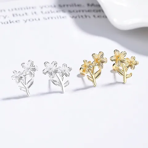 925 Argento Sterling Orecchini a Bottone Fiore Donna Lusso Leggero Trama Spazzolata Oro Argento Strass Floreali Gioielli Regalo