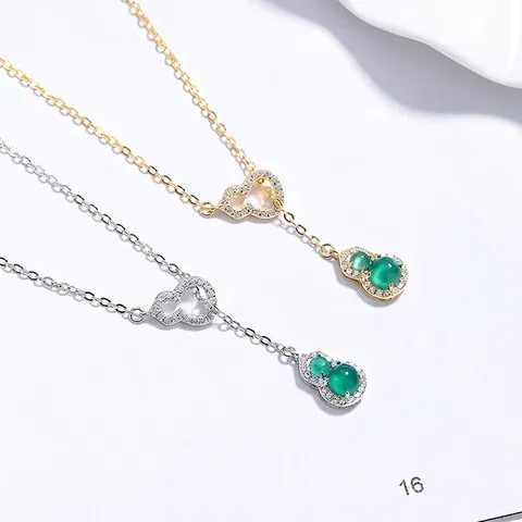 925 Sterlingsilber Grüner Chalzedon Flaschenkürbis Anhänger Kette Für Damen Luxus Chinoiserie Strass Eingelegt Schlüsselbein Kette Schmuck