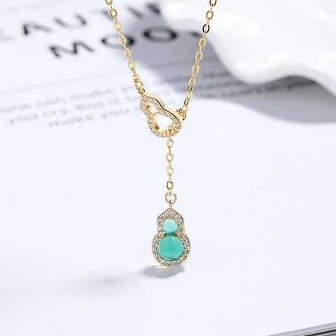 925 Sterlingsilber Grüner Chalzedon Flaschenkürbis Anhänger Kette Für Damen Luxus Chinoiserie Strass Eingelegt Schlüsselbein Kette Schmuck