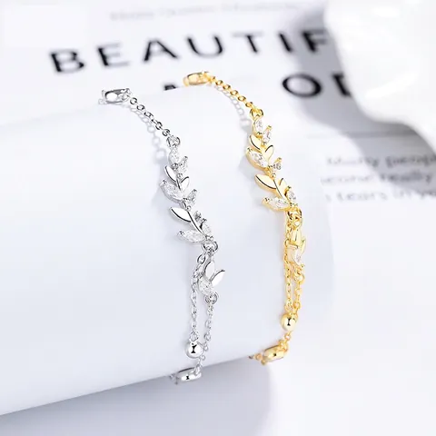 Elegant 925 Sterling Silver Wheat Ear Bracelet For Women Simple Fashion Rhinestone Leaf Jewelry With Extension Chain Gift