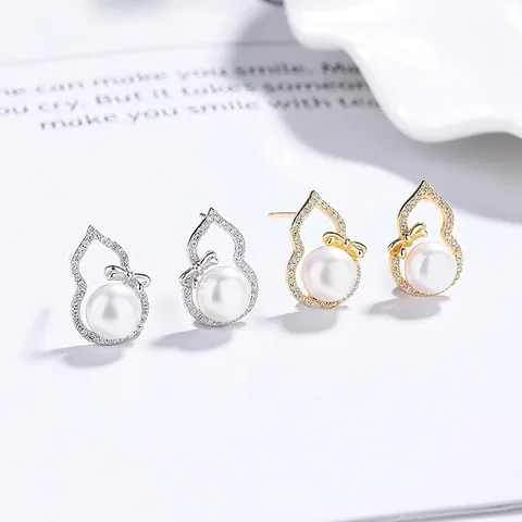 925 Sterling Silver Gourd Pearl Stud Earrings For Women Elegant Rhinestone Bow Ear Post Gold Silver Fashion Jewelry