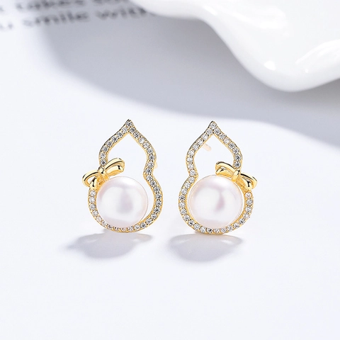 925 Sterling Silver Gourd Pearl Stud Earrings For Women Elegant Rhinestone Bow Ear Post Gold Silver Fashion Jewelry