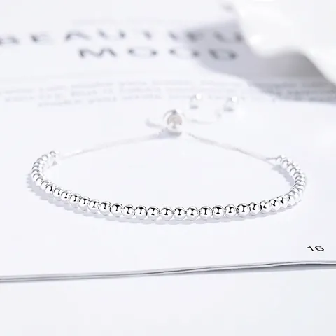 925 Sterling Silver Beaded Bracelet For Women Minimalist Adjustable Pull Chain Round Ball Bracelet Elegant Commuter Jewelry Gift