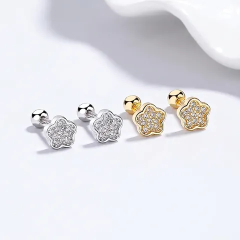 Orecchini a Bottone a Fiore in Argento Sterling 925 Con Strass Incastonati Chiusura a Vite a Sfera Gioielli Minimalisti Per Donna Ipoallergenico