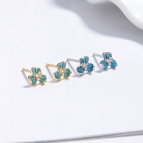 Pendientes de Botón de Flor de Iris de Esmalte Azul Con Poste de Plata Elegantes Joyas de Oreja Florales Para Mujeres