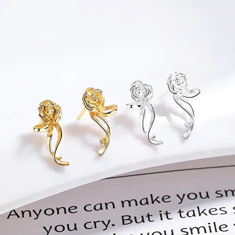 Orecchini a Bottone in Argento Sterling 925 a Forma di Rosa Strass Design Floreale Elegante Gioielli da Donna Oro Argento Placcato Regalo