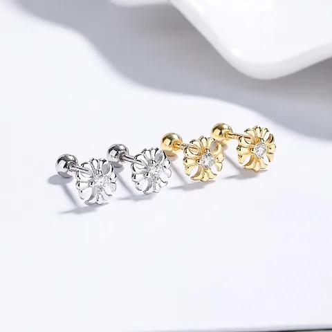925 Argento Sterling Zirconia Croce Orecchini a Bottone Fiore Chiusura a Vite Orecchini per Donna Gothic Punk Lusso Gioielli Regalo