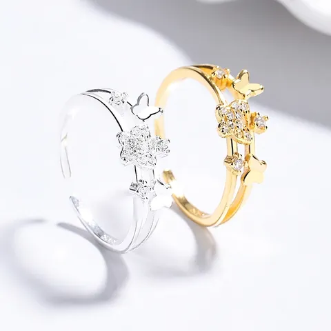 925 Sterling Silver Butterfly Zirconia Open Ring Elegant Double Layer Adjustable Ring Jewelry For Women