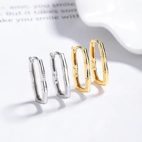 925 Sterling Silver Bamboo Texture Hoop Earrings For Women Minimalist Geometric Huggie Earrings Gold Platinum Plated Jewelry