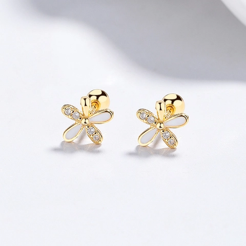 925 Sterling Silver Flower Stud Earrings Zirconia Enamel Screw Back Earrings White Gold Gold Color Hypoallergenic Jewelry