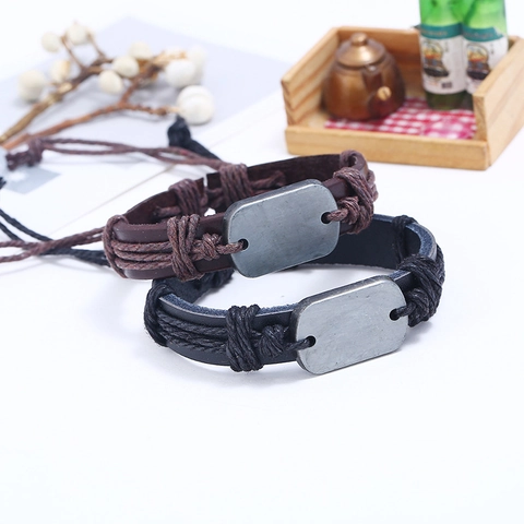 Punk Men Leather Bracelet Handmade Braided Cowhide Cuff Bracelet Retro DIY Metal Plate Blank Adjustable Jewelry Wristband Gift