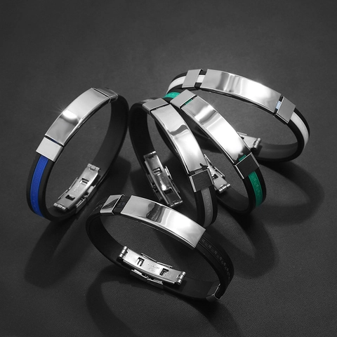 Men Sporty Bracelet Stainless Steel And Silicone Geometric Pattern Adjustable Casual Fashion Wristband For Daily Wear