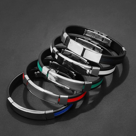 Men Sporty Bracelet Stainless Steel And Silicone Geometric Pattern Adjustable Casual Fashion Wristband For Daily Wear