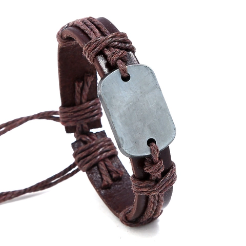 Punk Men Leather Bracelet Handmade Braided Cowhide Cuff Bracelet Retro DIY Metal Plate Blank Adjustable Jewelry Wristband Gift