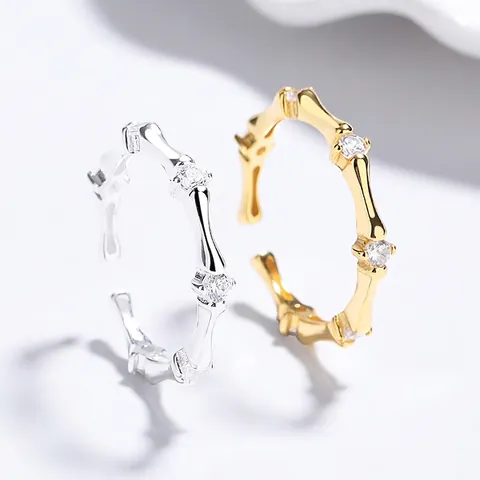 S925 Sterling Zilveren Bamboe Knoop Open Ring Voor Vrouwen Elegante Natuurstijl Zirkonia Ingelegde Verstelbare Vinger Sieraden