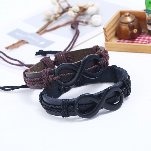 Punk Retro Braided PU Leather Infinity Bracelet For Men Women Adjustable Alloy Infinity Symbol Braid Rope Fashion Jewelry