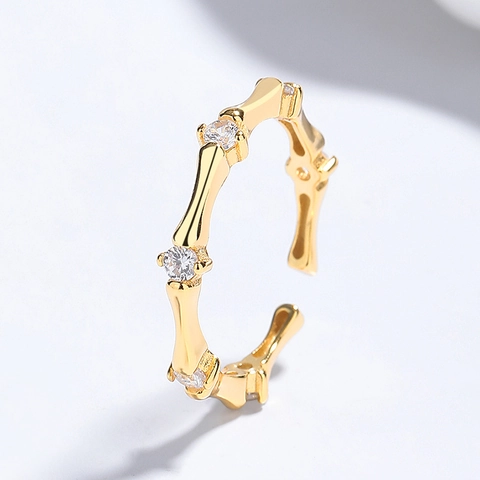 S925 Sterling Zilveren Bamboe Knoop Open Ring Voor Vrouwen Elegante Natuurstijl Zirkonia Ingelegde Verstelbare Vinger Sieraden