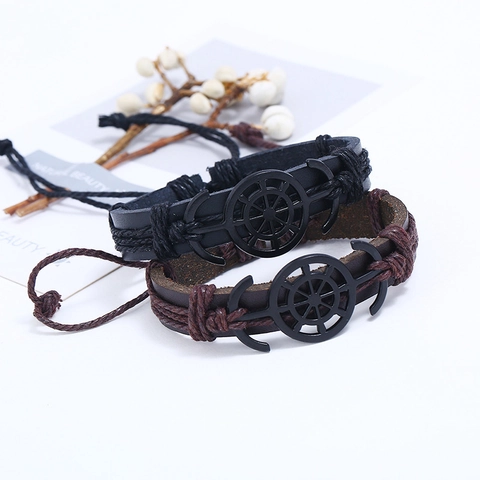 Vintage Gevlochten Leren Armband Nautische Anker Roer Charms Punk Rock Multi-layer Verstelbare Polsband Sieraden Cadeau Unisex