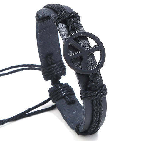 Bracciale Punk Retrò in Pelle Sintetica Intrecciata e Lega Con Segno della Pace Regolabile Multistrato in Canapa Unisex Gioielli