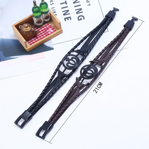 Braccialetto Multistrato in Pelle Artificiale Intrecciata Retro Punk per Uomo Donna Lega Nautico Ancora Cuore Corona Gioielli