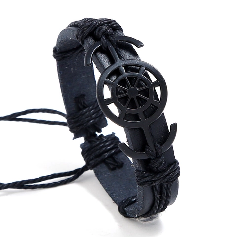 Vintage Gevlochten Leren Armband Nautische Anker Roer Charms Punk Rock Multi-layer Verstelbare Polsband Sieraden Cadeau Unisex