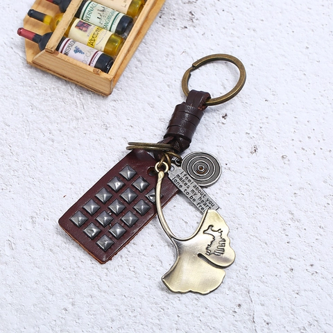 Vintage Braided Genuine Cowhide Leather Keychain For Men Women Punk Alloy Ginkgo Leaf Rivet Pendant Engraved Bar Key Ring Gift