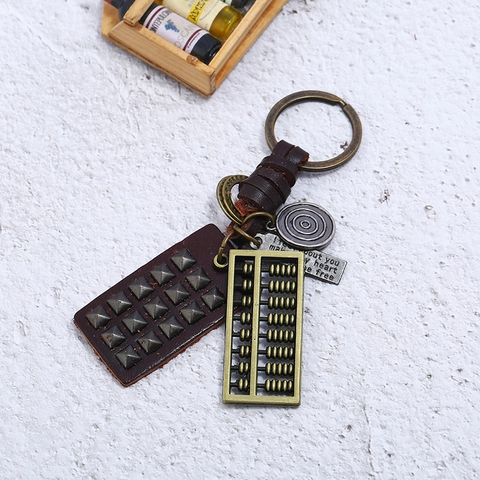 Llavero de Cuero Trenzado Hecho a Mano Vintage Punk Con Colgante de Ábaco de Aleación y Pendentivo de Cuero de Vaca Regalo Retro