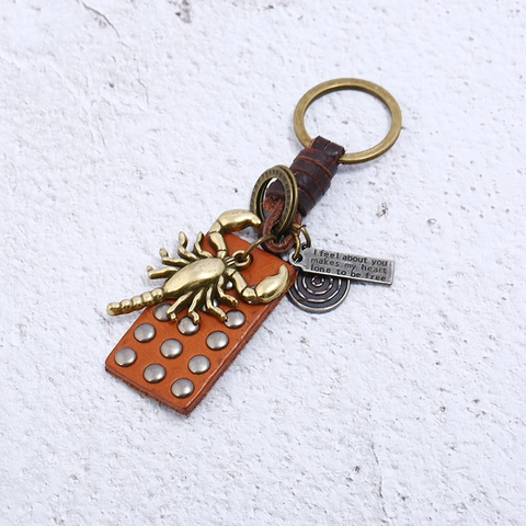 Vintage Handmade Braided Cowhide Keychain Punk Alloy Scorpion Charm Leather Key Ring Retro Gift Ornament For Men Women