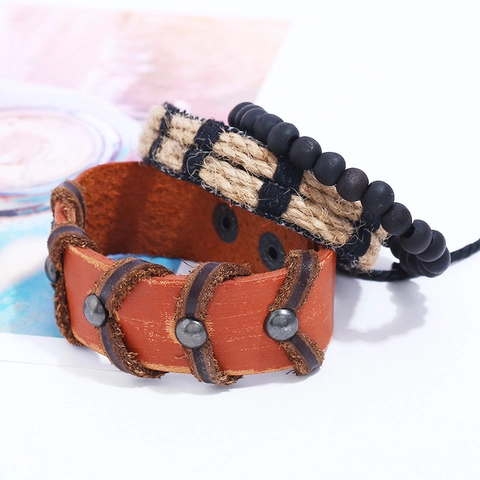 Vintage Punk Genuine Leather Bracelet Set For Men Women Woven Hemp Rope Alloy Feather DIY Bohemian Beaded Wrap Bracelets