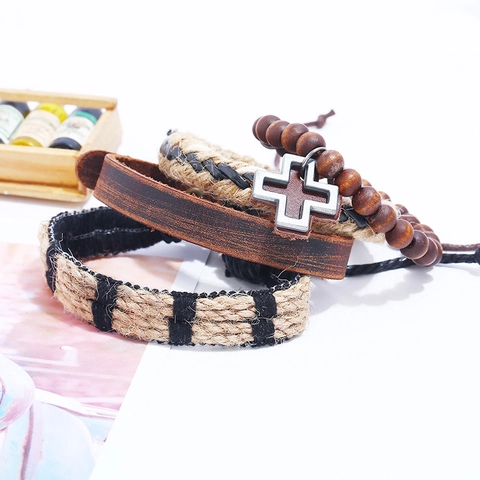 Vintage Leather Multilayer Bracelet Set Men Women Bohemian Hand Woven PU Wood Beads Hemp Rope Cross Star Punk Jewelry