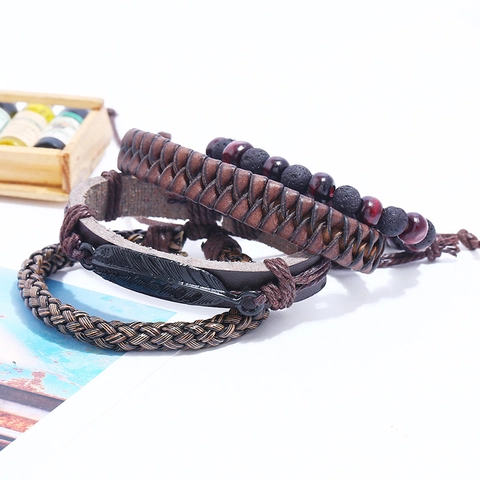 Retro Men Braided Synthetic Leather Bracelet Vintage Feather Pendant Volcanic Stone Wood Beads Multi-layer Wrap Jewelry