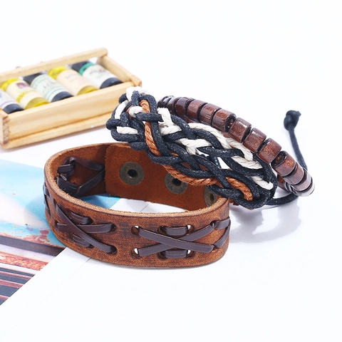 Juego de Pulseras de Cuero para Hombre Retro Punk Trenzado Multicapa Con Cuentas de Madera y Cuerda de Cáñamo Joyería para Hombre
