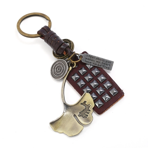 Vintage Braided Genuine Cowhide Leather Keychain For Men Women Punk Alloy Ginkgo Leaf Rivet Pendant Engraved Bar Key Ring Gift