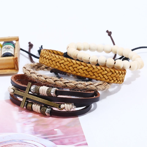 Vintage Handgewebtes Lederarmband Für Herren Damen Kreuzanhänger Holzperle Hanfseil Verstellbar Mehrlagiger Schmuck