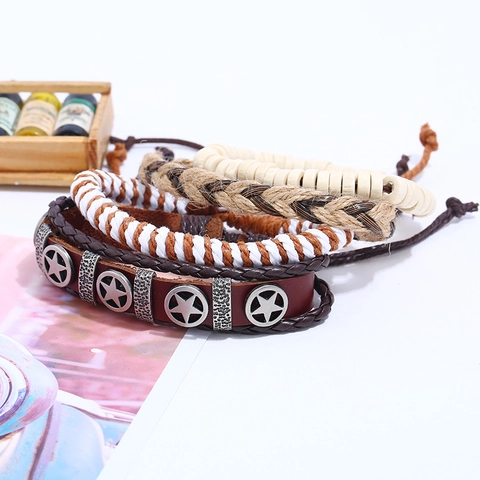 Vintage Punk Men Leather Bracelet Set Multilayer Woven Cowhide Rope Bracelet With Alloy Star Wood Beads DIY Jewelry Gift