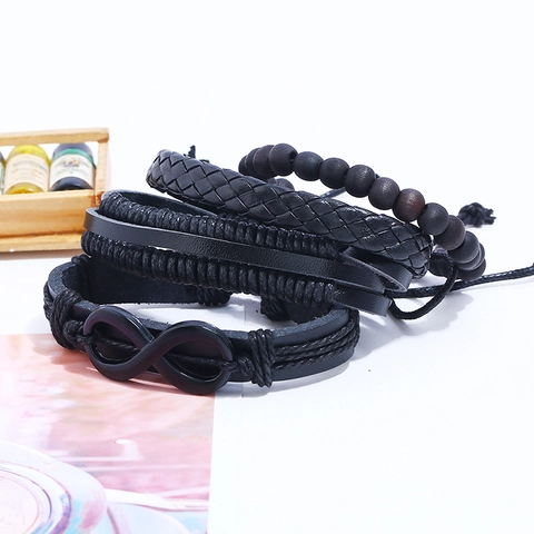 Bracciale in Pelle Vintage da Uomo Impilabile Intrecciato Polsino in Pelle Bovina Simbolo Infinito Perle di Legno Corda Cerata Gioielli Punk Multistrato