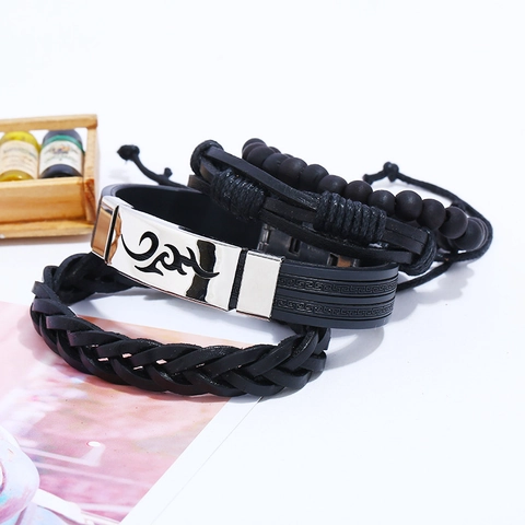 Punk Ethnic Leather Bracelet Set For Men Women Vintage Braided Cowhide Wood Bead Stainless Steel Tribal Charm Bracelet
