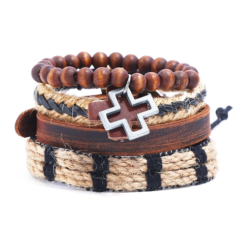 Vintage Leather Multilayer Bracelet Set Men Women Bohemian Hand Woven PU Wood Beads Hemp Rope Cross Star Punk Jewelry