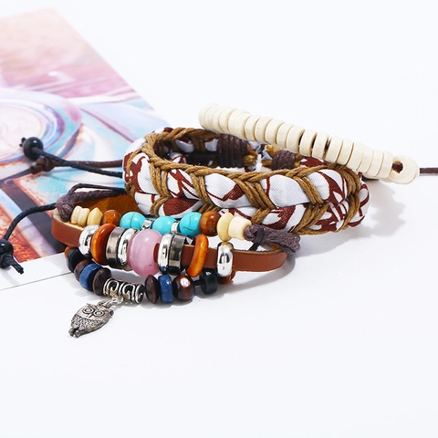 Vintage Bohemian Mehrlagiges Lederarmband Für Damen Herren Handgefertigt Geflochten Eule Anhänger Holzperlen Ethnischer Schmuck