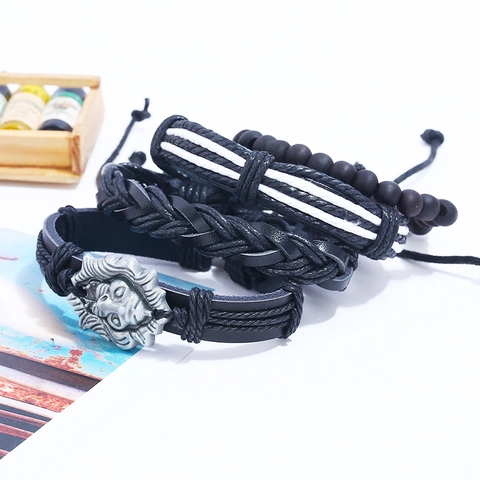 Men Retro Multilayer Braided Cowhide Leather Bracelet Set With Lion Head Alloy Charm And Wood Beads Ethnic Punk Jewelry