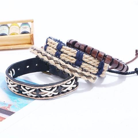 Vintage Cowhide Leather Bracelet For Men Woven Hemp Rope Wood Beads Punk Multilayer Adjustable Metal Charm Bracelet Jewelry