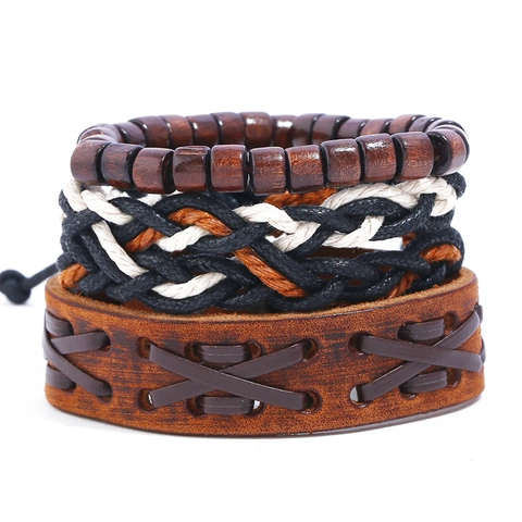 Juego de Pulseras de Cuero para Hombre Retro Punk Trenzado Multicapa Con Cuentas de Madera y Cuerda de Cáñamo Joyería para Hombre