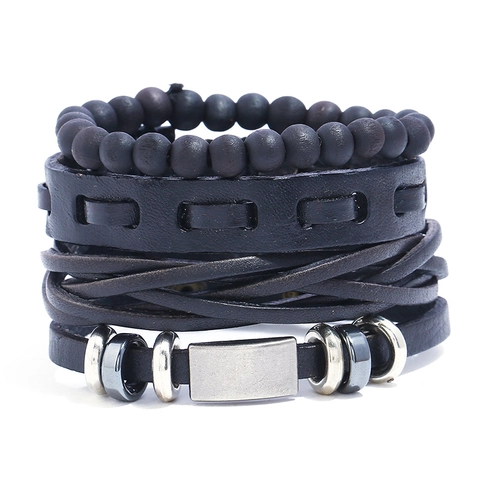 Bracciale in Pelle Multistrato da Uomo Vintage Punk Intrecciato in Pelle di Vacchetta Perline in Legno Ciondolo in Metallo Regolabile