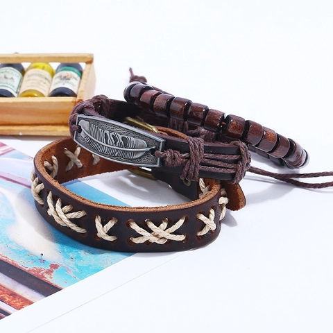 Vintage Rindleder Geflochtenes Armband Mit Legierung Feder Anhänger Punk Mehrlagig Stapelbar Verstellbar Hanfseil Schmuck Für Damen Herren