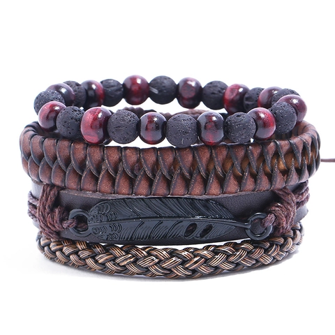 Retro Men Braided Synthetic Leather Bracelet Vintage Feather Pendant Volcanic Stone Wood Beads Multi-layer Wrap Jewelry