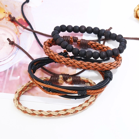 Set di Braccialetti in Pelle Intrecciata Vintage Punk per Uomo Donna Corda di Canapa Fatta a Mano Perline in Legno Gioielli Regolabili