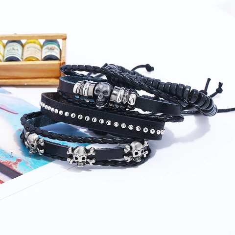 Vintage Punk Totenkopf Geflochtenes Lederarmband Herren Mehrlagig Perlen Charm Verstellbar Biker Schmuck Armreif Accessoire